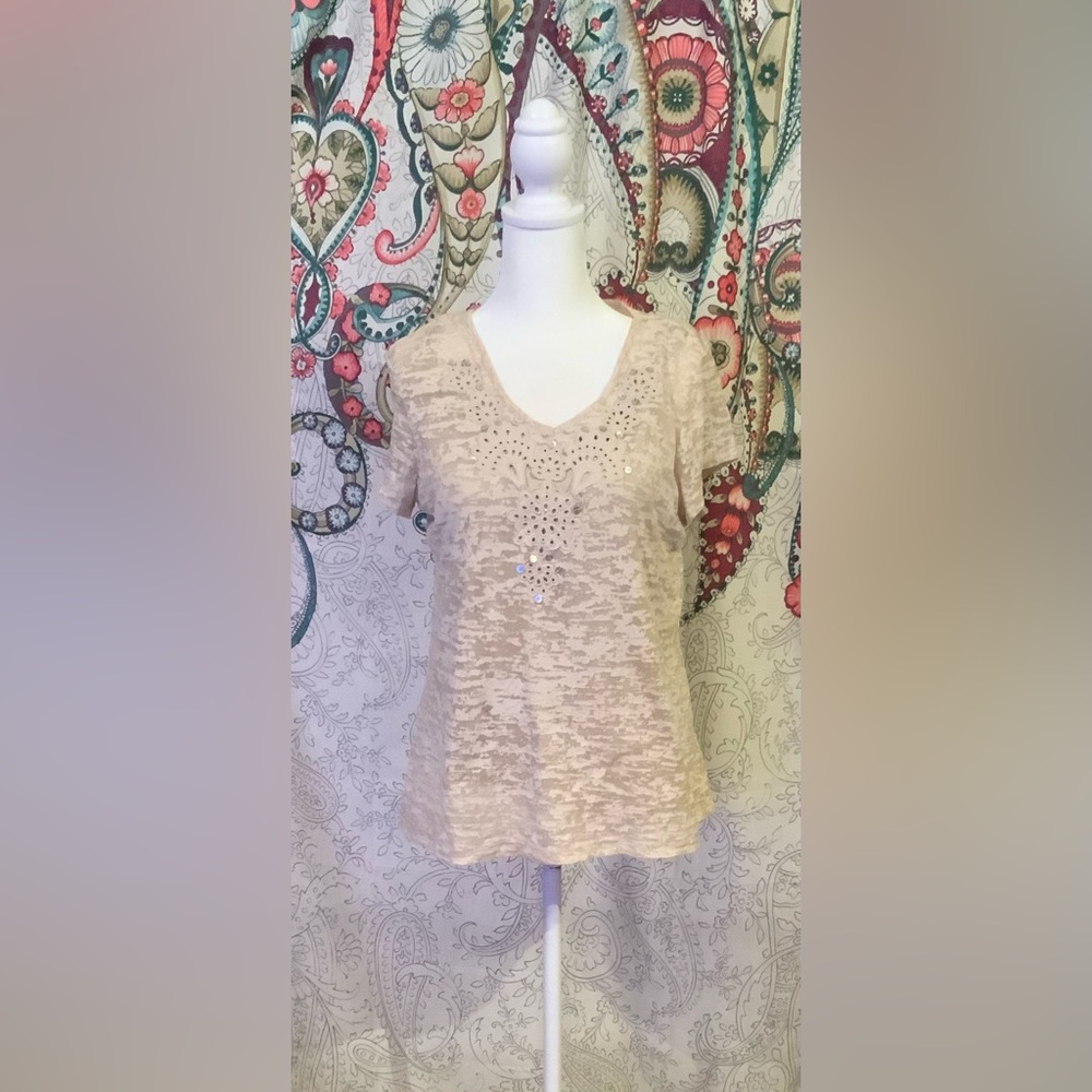 Ruby Rd. Beige Short Sleeve Tee with Sequin Detail
